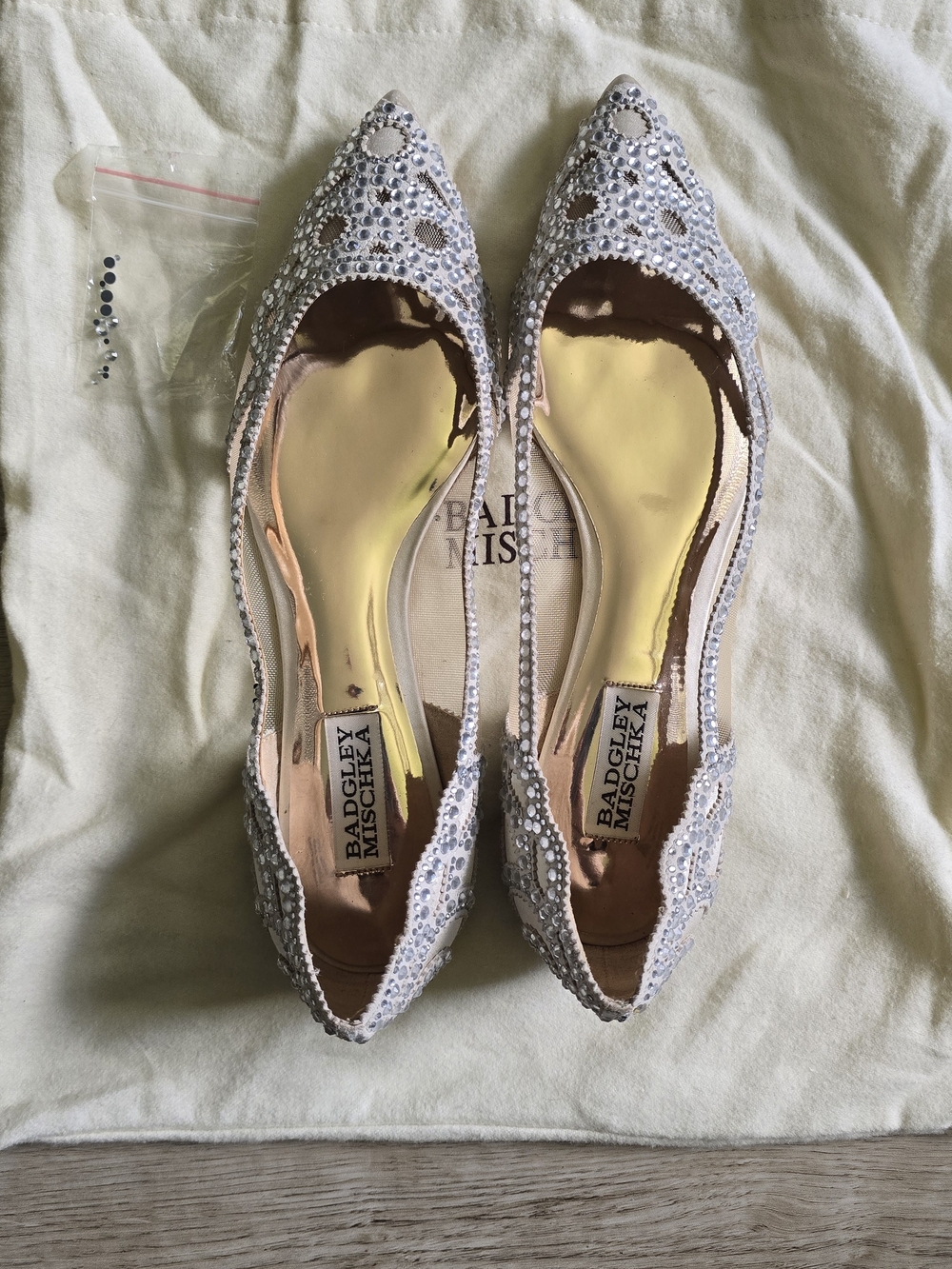 Badgley Mischka Silver Crystal Pointed Flats with Gold Insoles